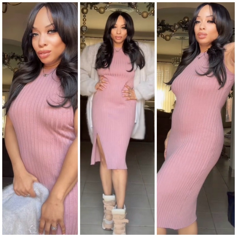 Elegant Pink Ribbed Knit Dress-B